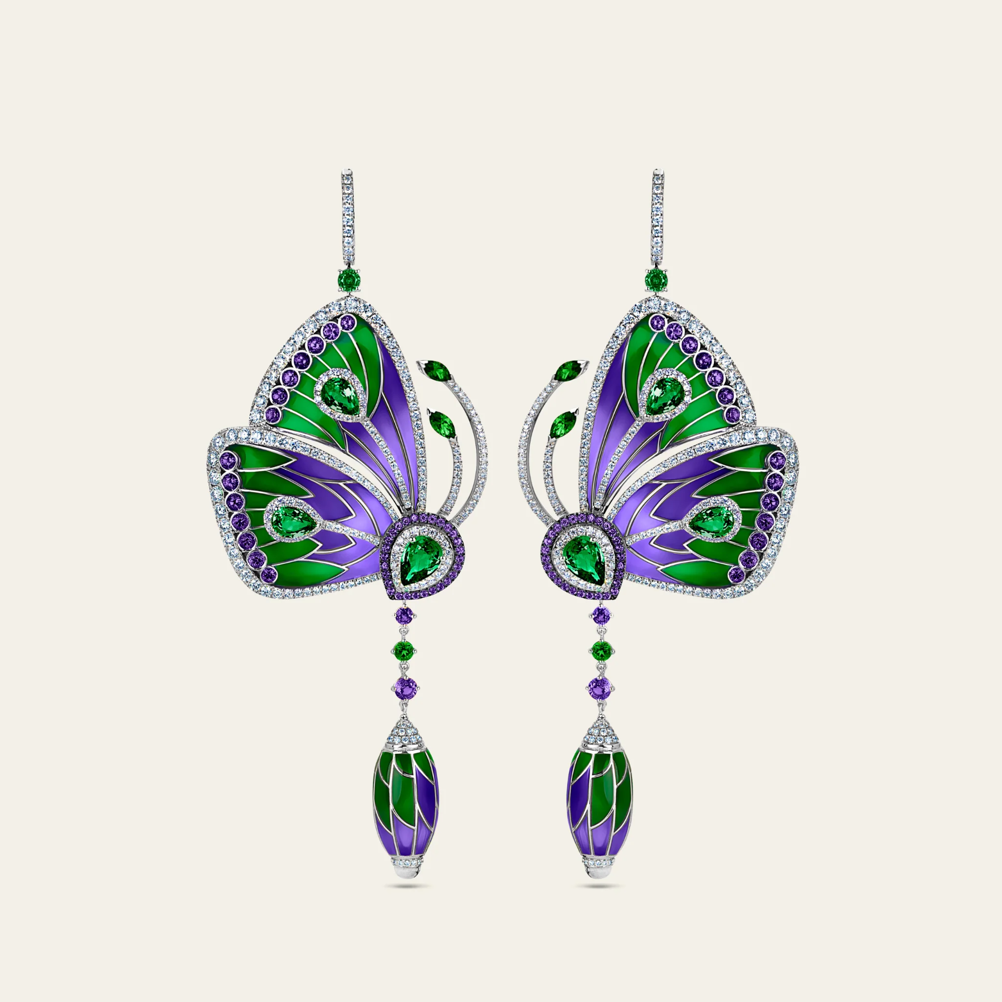 Jacob & Co. パピヨン エナメル ハイジュエリー イヤリング 18Kホワイトゴールド 正面