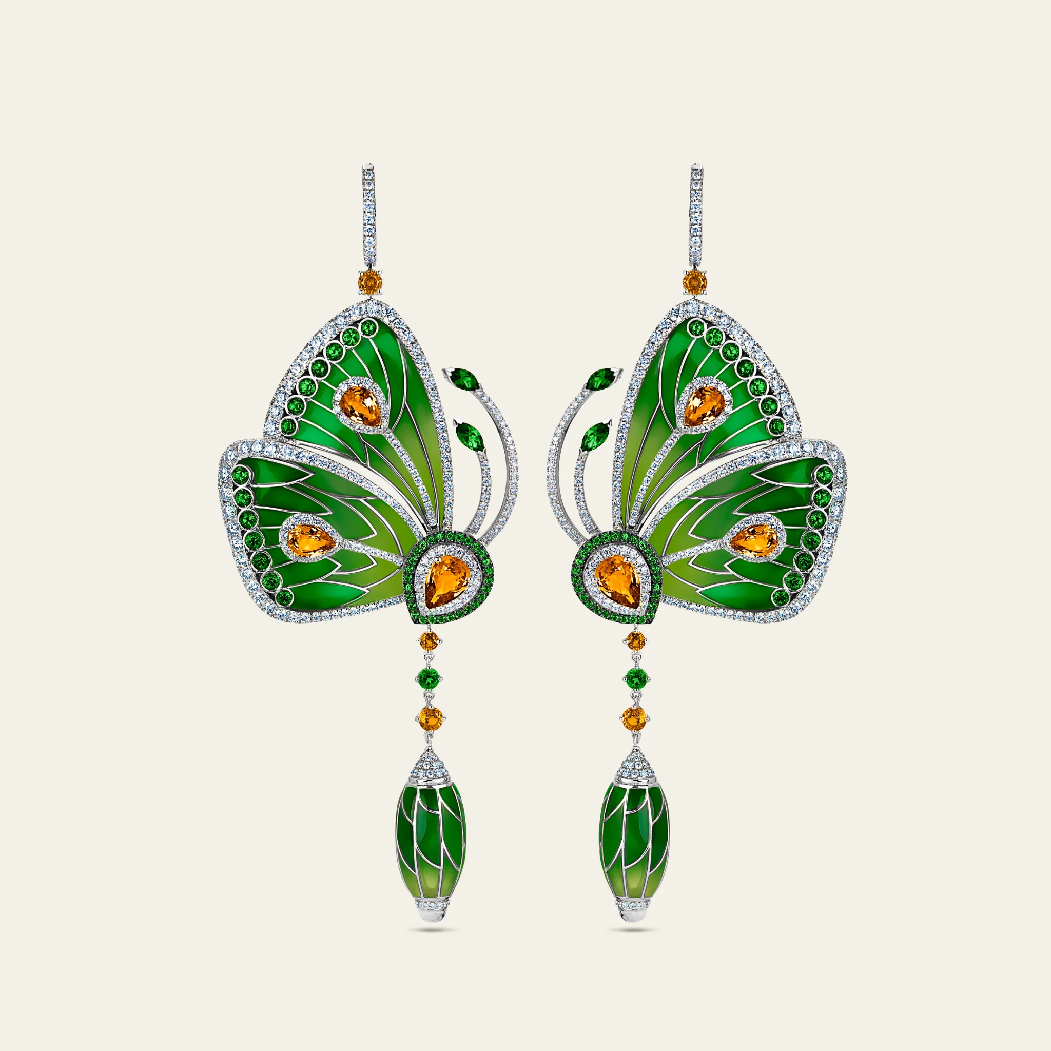 Jacob & Co. パピヨン エナメル ハイジュエリー イヤリング 18Kホワイトゴールド 正面