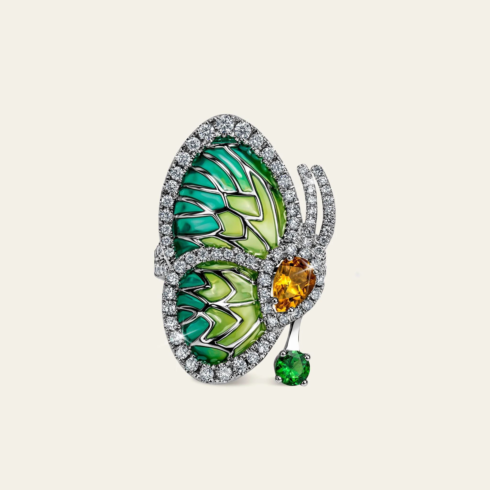 カテドラルエナメルと宝石が描く蝶の羽 デザイン詳細